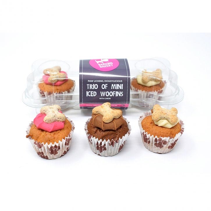 The Barking Bakery Trio Of Iced Mini Woofin With Carob Dog Cakes